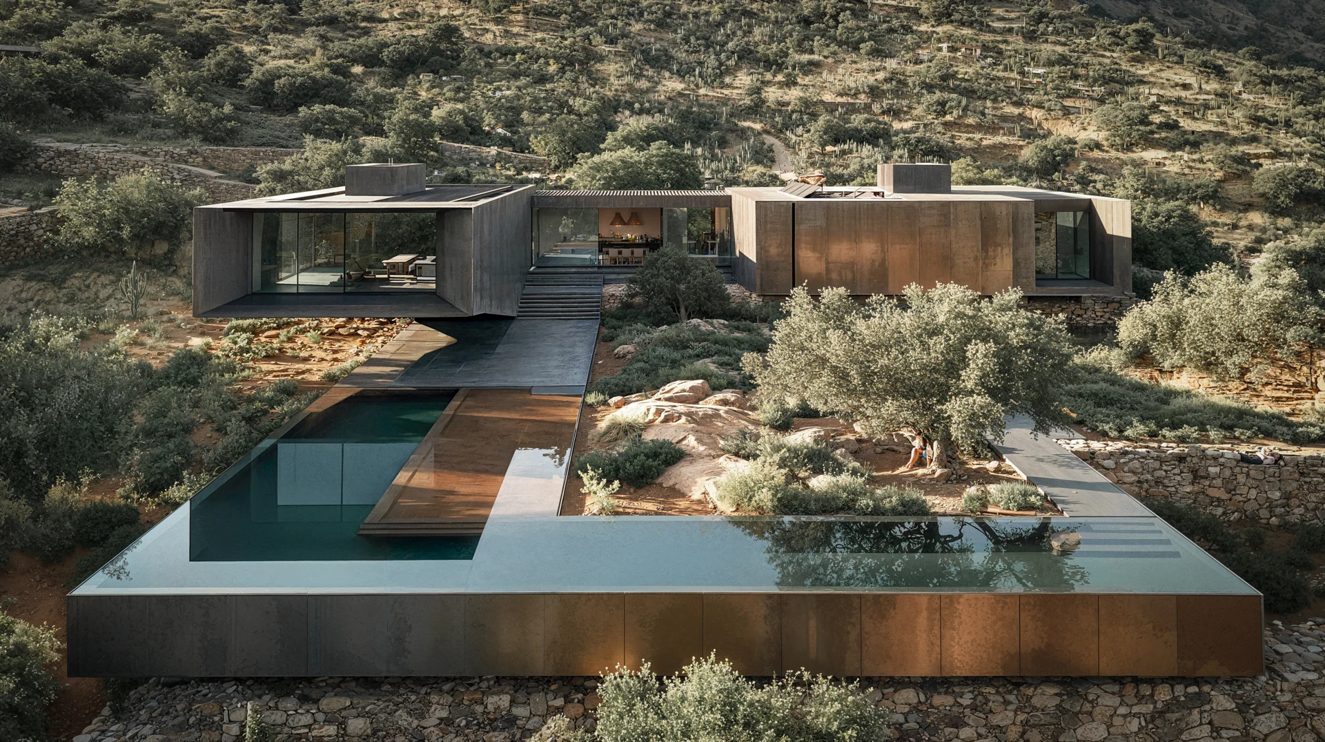 Casa Bronze. Implantación sobre la topografía. La casa, el árbol y el agua se organizan como un solo paisaje.